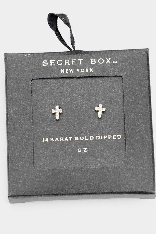 Secret Box | 14K Gold Dipped | CZ Cross Stud Earrings