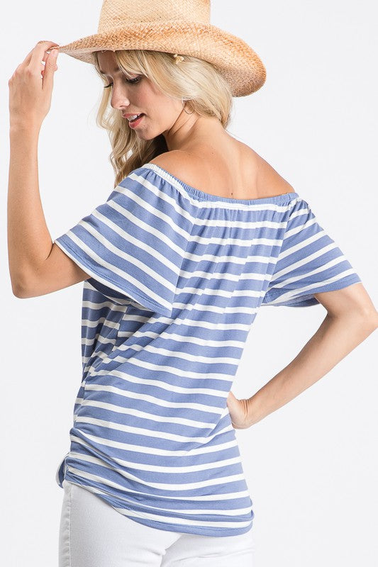 Striped Off The Shoulder Front Tie Top | Blue