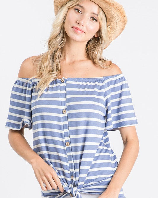 Striped Off The Shoulder Front Tie Top | Blue