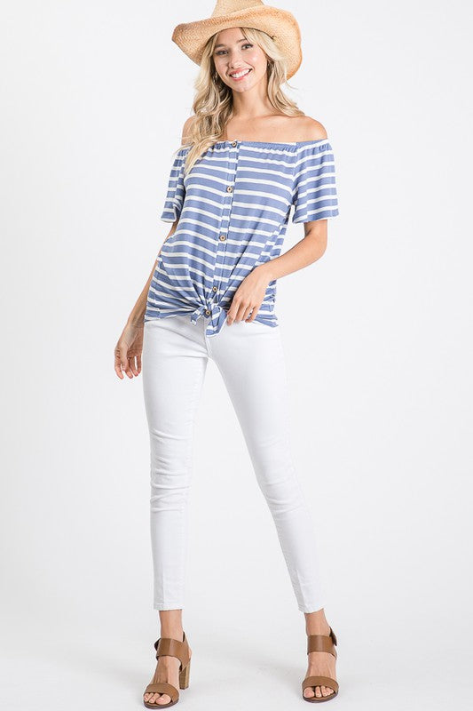 Striped Off The Shoulder Front Tie Top | Blue