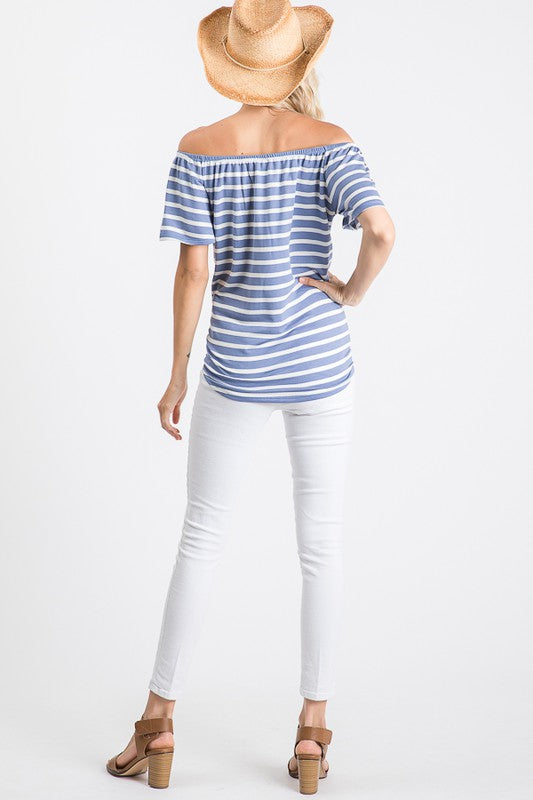 Striped Off The Shoulder Front Tie Top | Blue