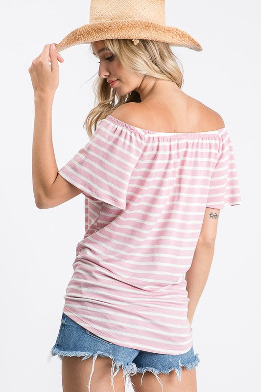 Striped Off The Shoulder Front Tie Top | Blush