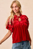 Velvet Pearl Ruffled Front Tie Top | Red