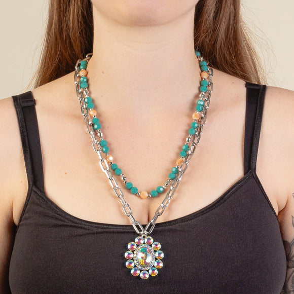 Western Necklace | Silver Layered Turquoise Crystal