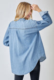 Distressed Relaxed Fit Button Down Denim Shirt | Medium Wash