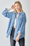 Distressed Relaxed Fit Button Down Denim Shirt | Medium Wash