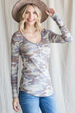 Camo Long Sleeve Button Top | Brown