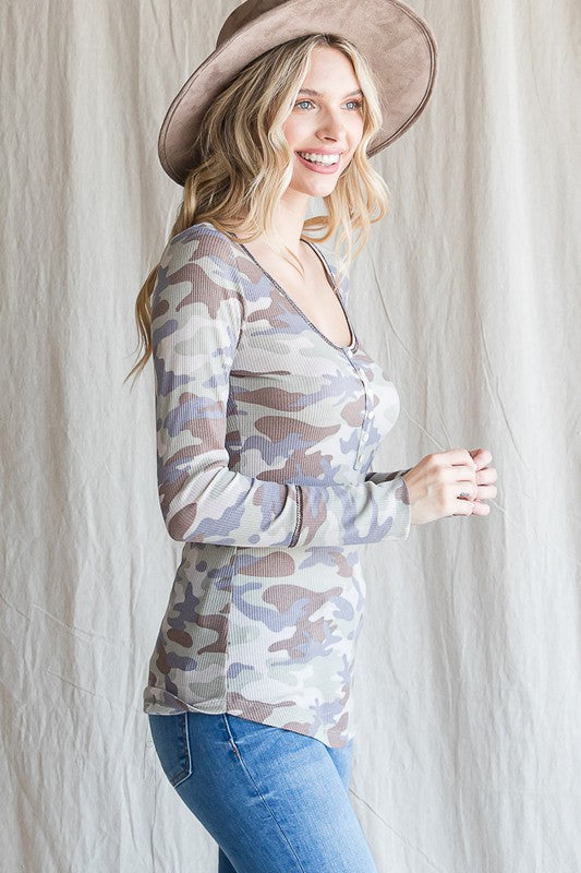 Camo Long Sleeve Button Top | Brown