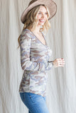 Camo Long Sleeve Button Top | Brown