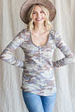 Camo Long Sleeve Button Top | Brown