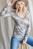 Camo Long Sleeve Button Top | Brown