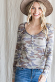 Camo Long Sleeve Button Top | Brown