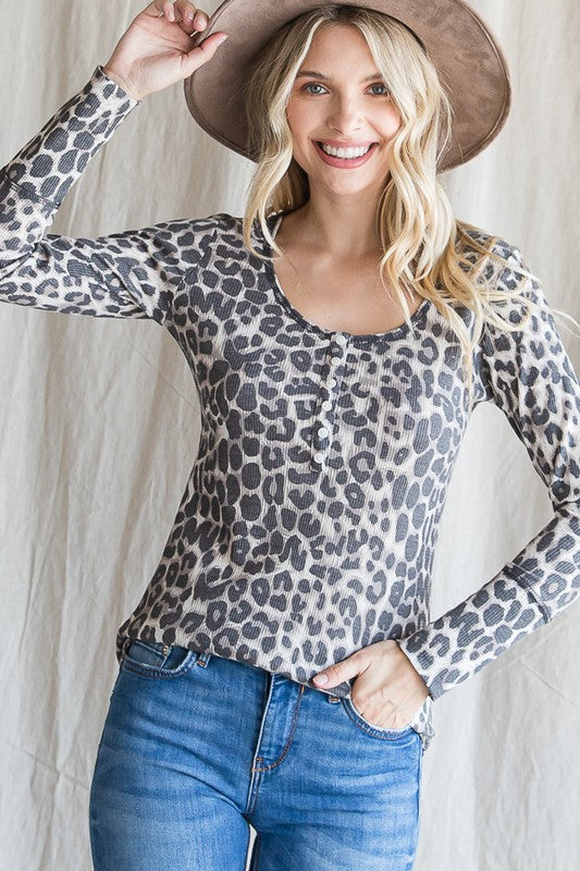 Leopard Long Sleeve Button Top | Brown Mix