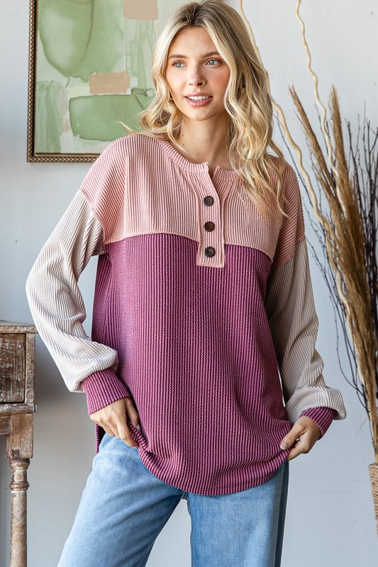 Color Block Rib Button Top | Marsala