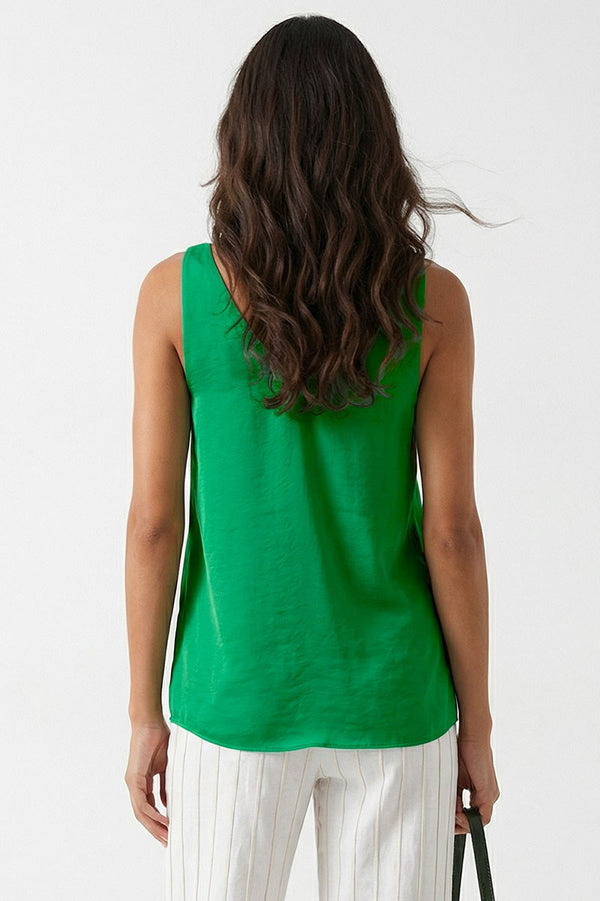 Silky Bubble Puff Strap Detail Tank Top | Green
