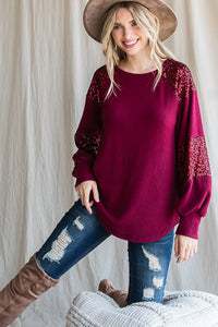 Sequin Contrast Holiday Top | Burgundy