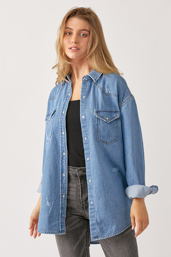 Relaxed Fit Button Down Denim Shirt | Medium Wash