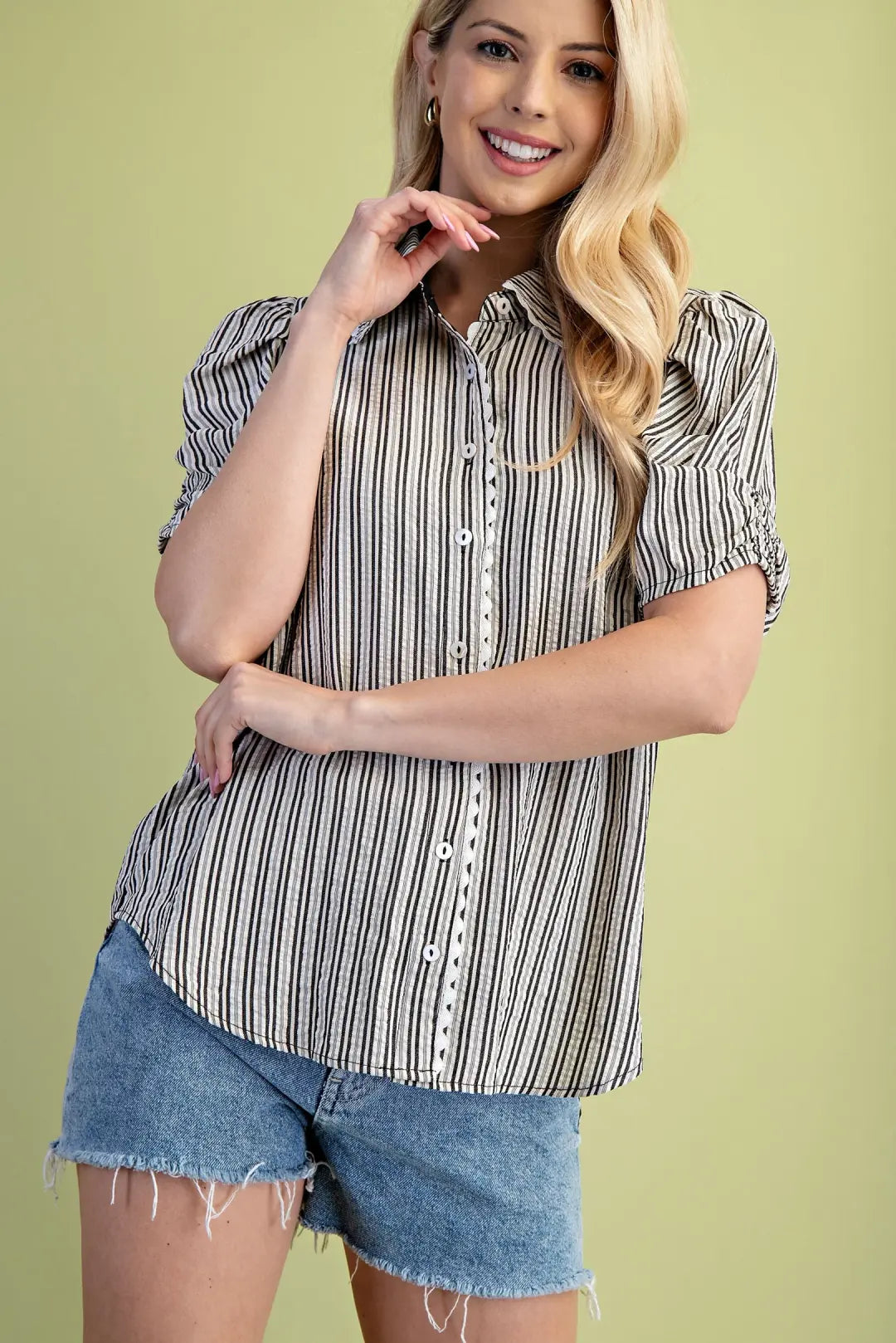 Textured Stripe Button Ric Ram Top | Black