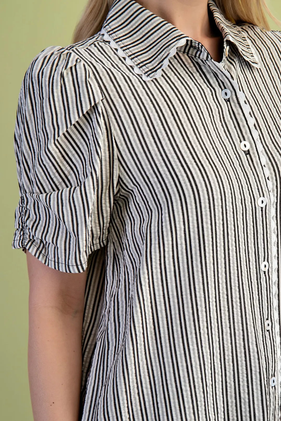 Textured Stripe Button Ric Ram Top | Black