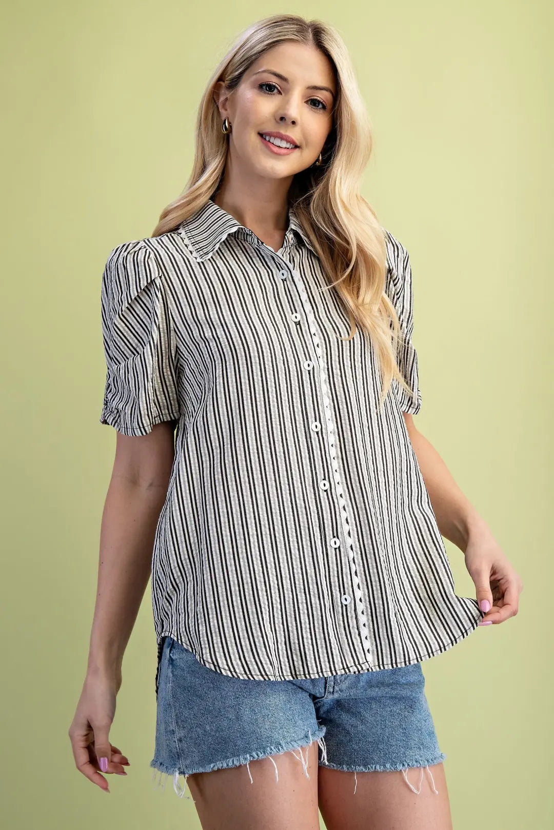 Textured Stripe Button Ric Ram Top | Black