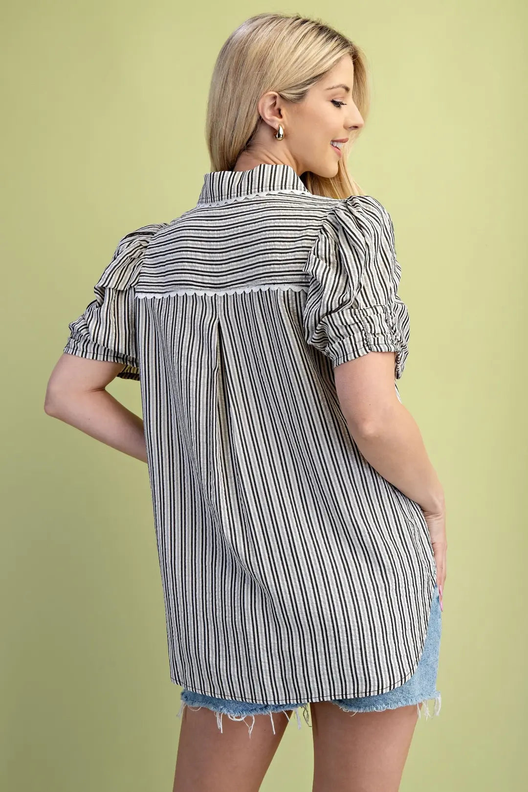 Textured Stripe Button Ric Ram Top | Black