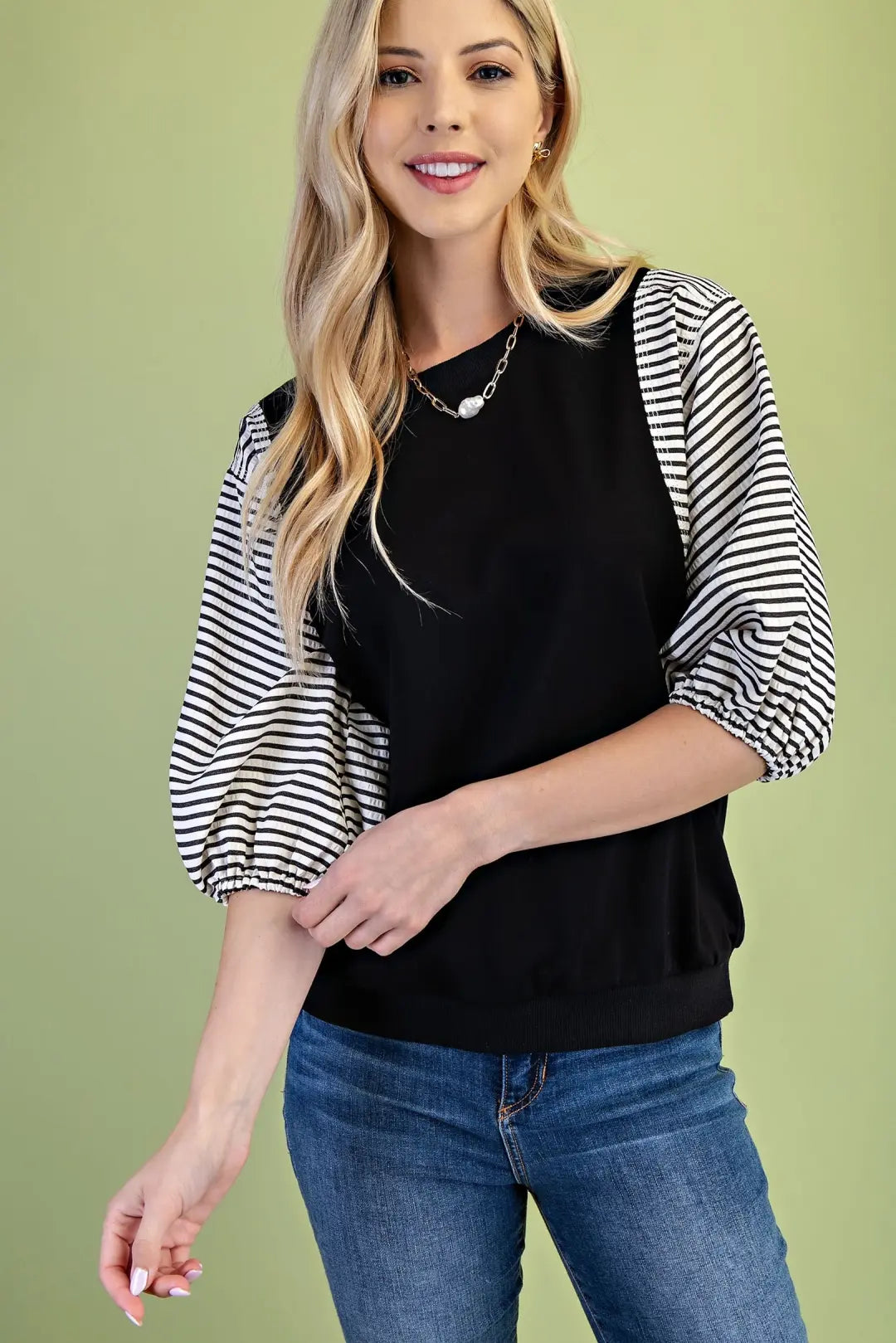 Striped Mixed Fabric Sweatshirt Top | Black