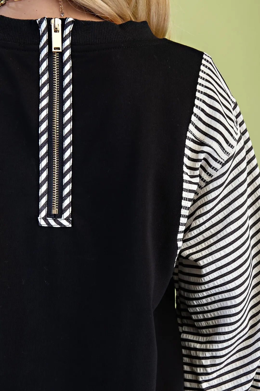 Striped Mixed Fabric Sweatshirt Top | Black