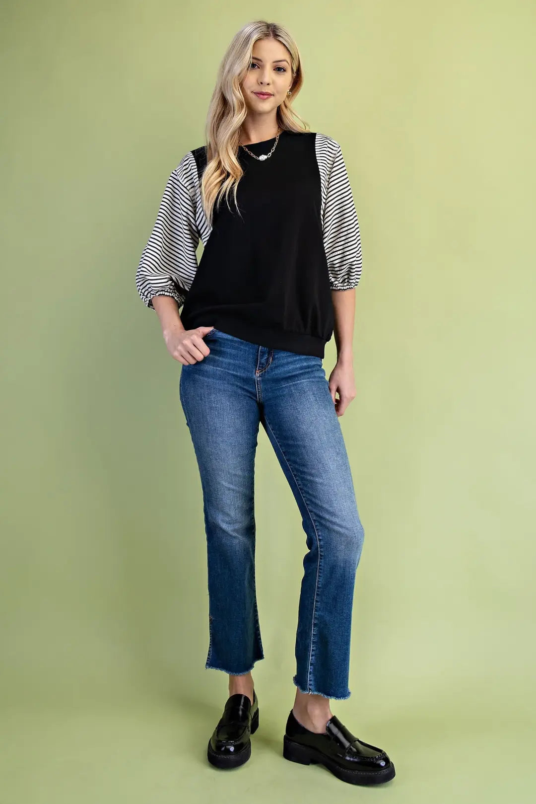 Striped Mixed Fabric Sweatshirt Top | Black