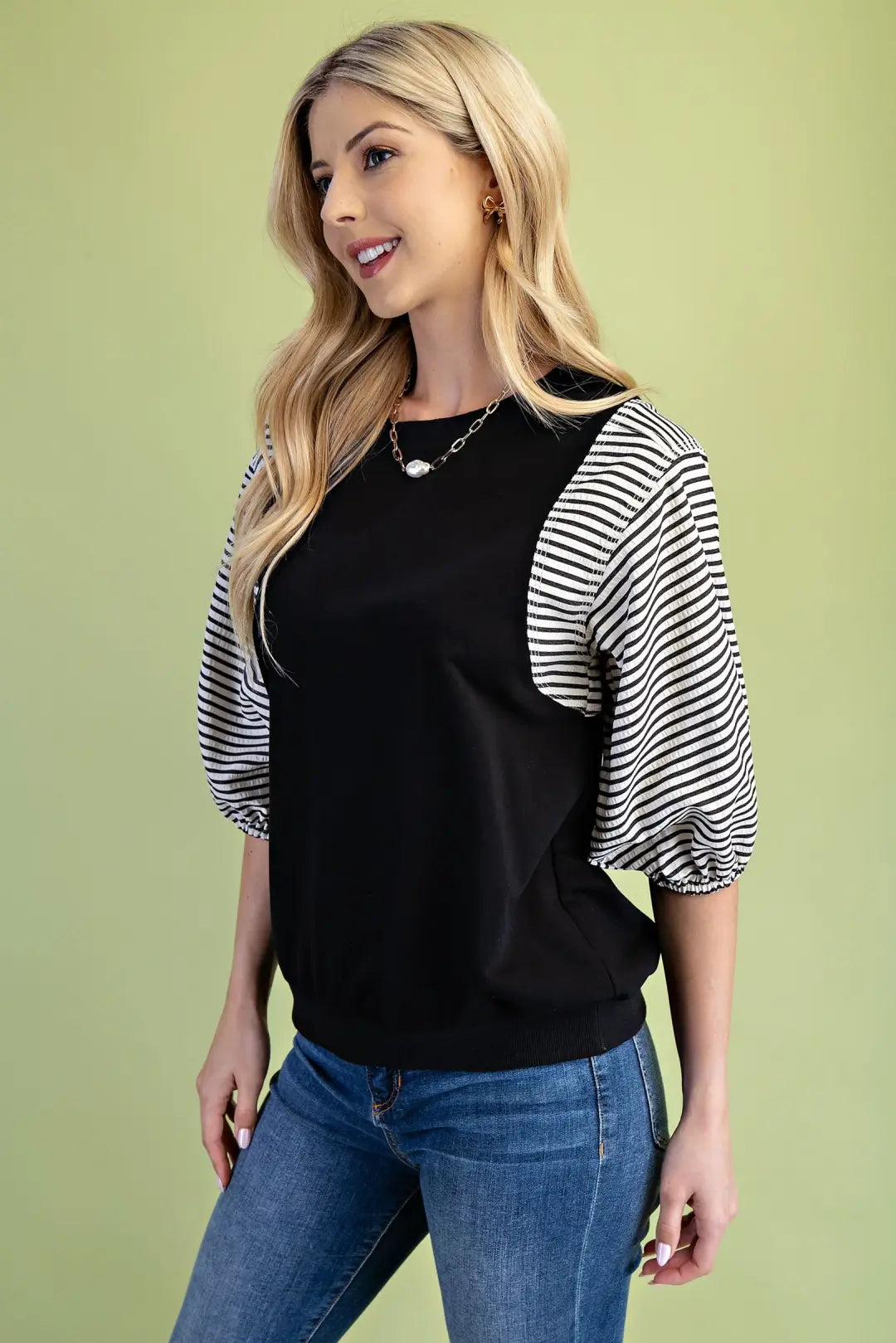 Striped Mixed Fabric Sweatshirt Top | Black
