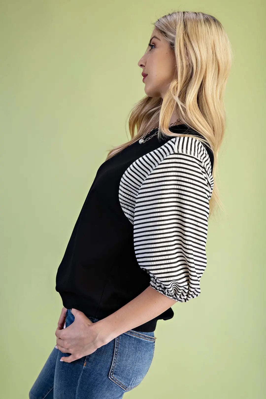 Striped Mixed Fabric Sweatshirt Top | Black