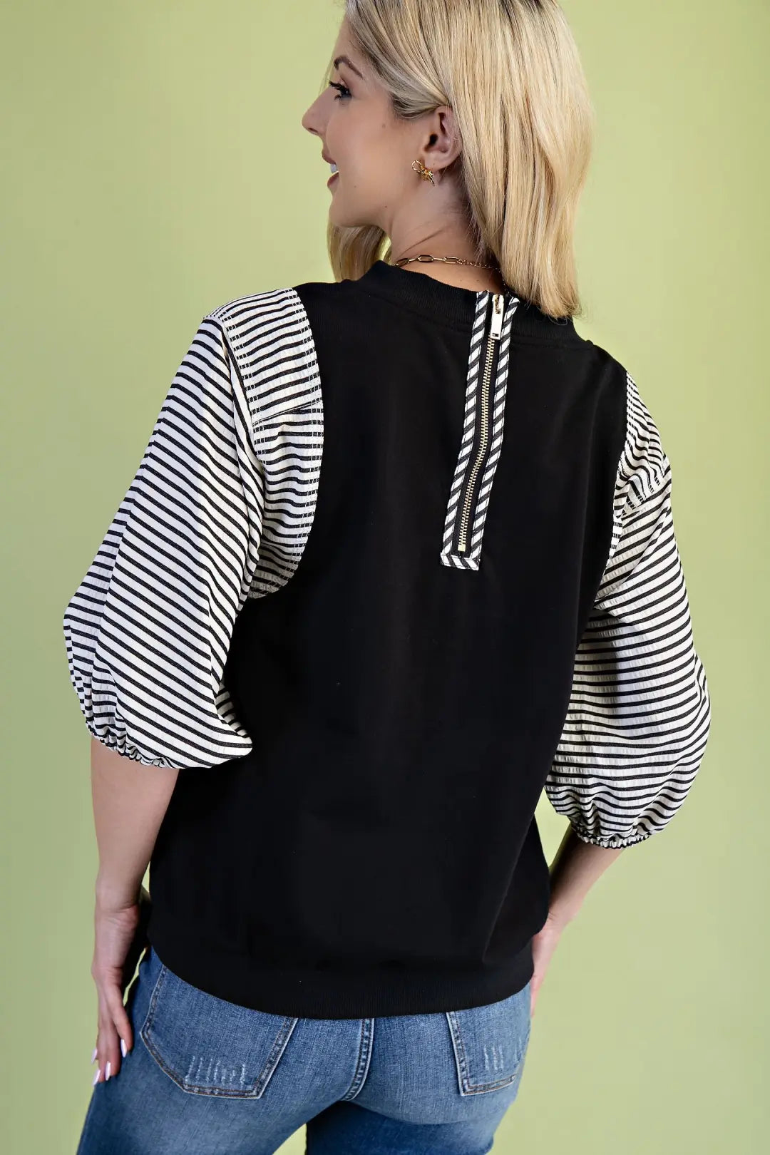 Striped Mixed Fabric Sweatshirt Top | Black