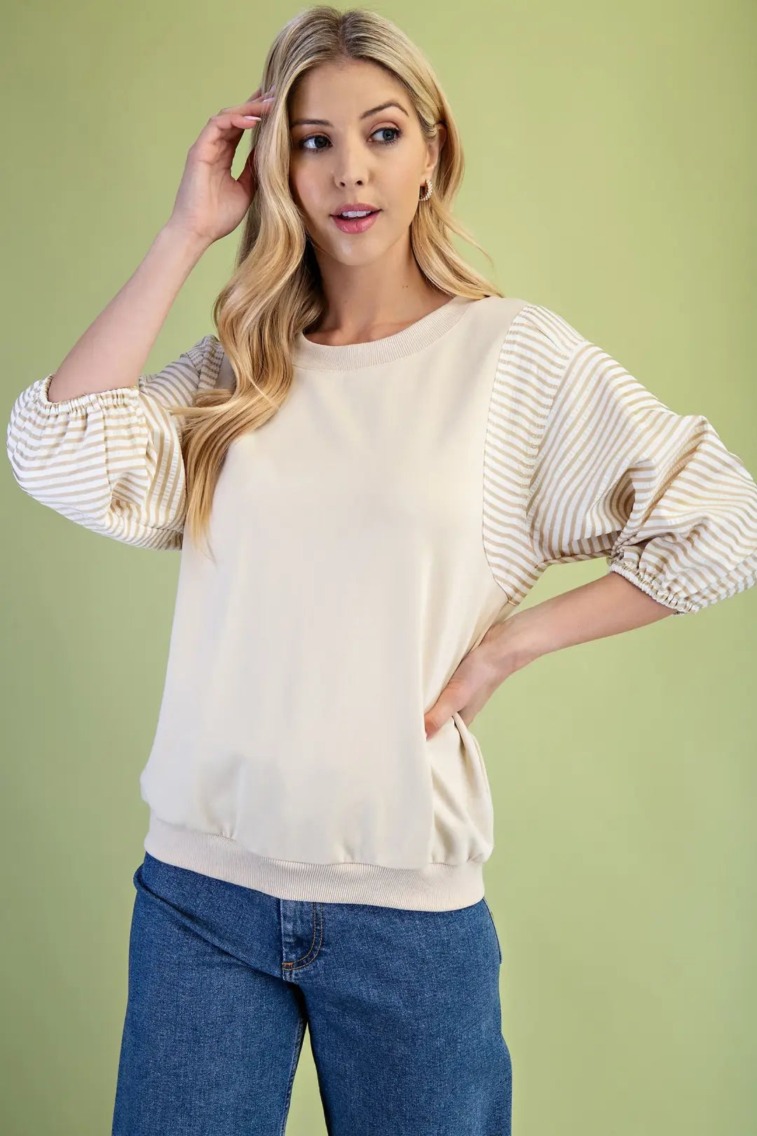 Striped Mixed Fabric Sweatshirt Top | Stone