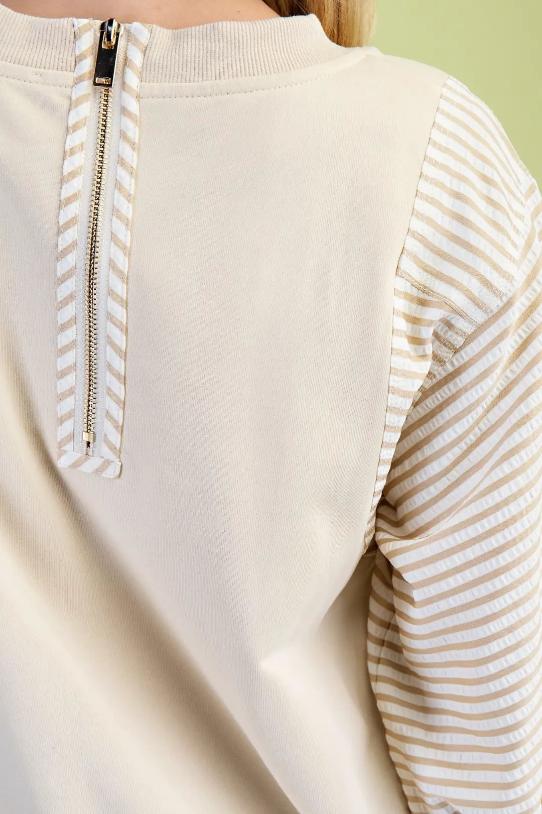Striped Mixed Fabric Sweatshirt Top | Stone