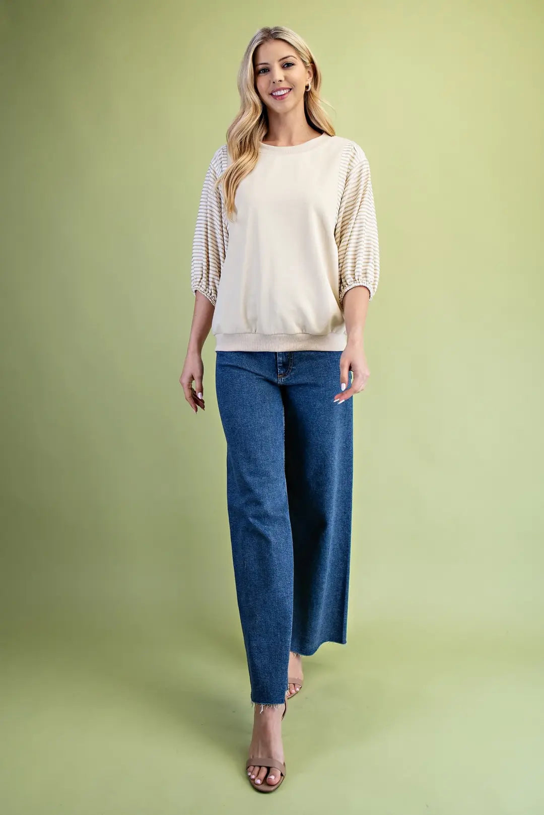 Striped Mixed Fabric Sweatshirt Top | Stone