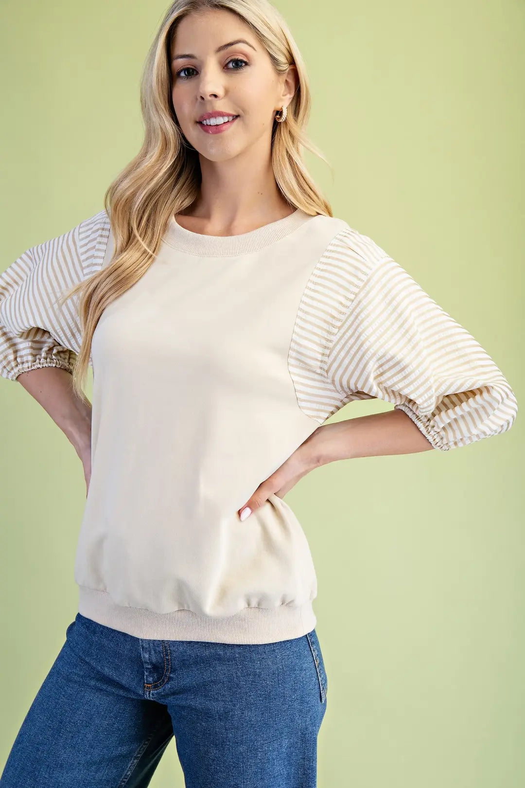 Striped Mixed Fabric Sweatshirt Top | Stone