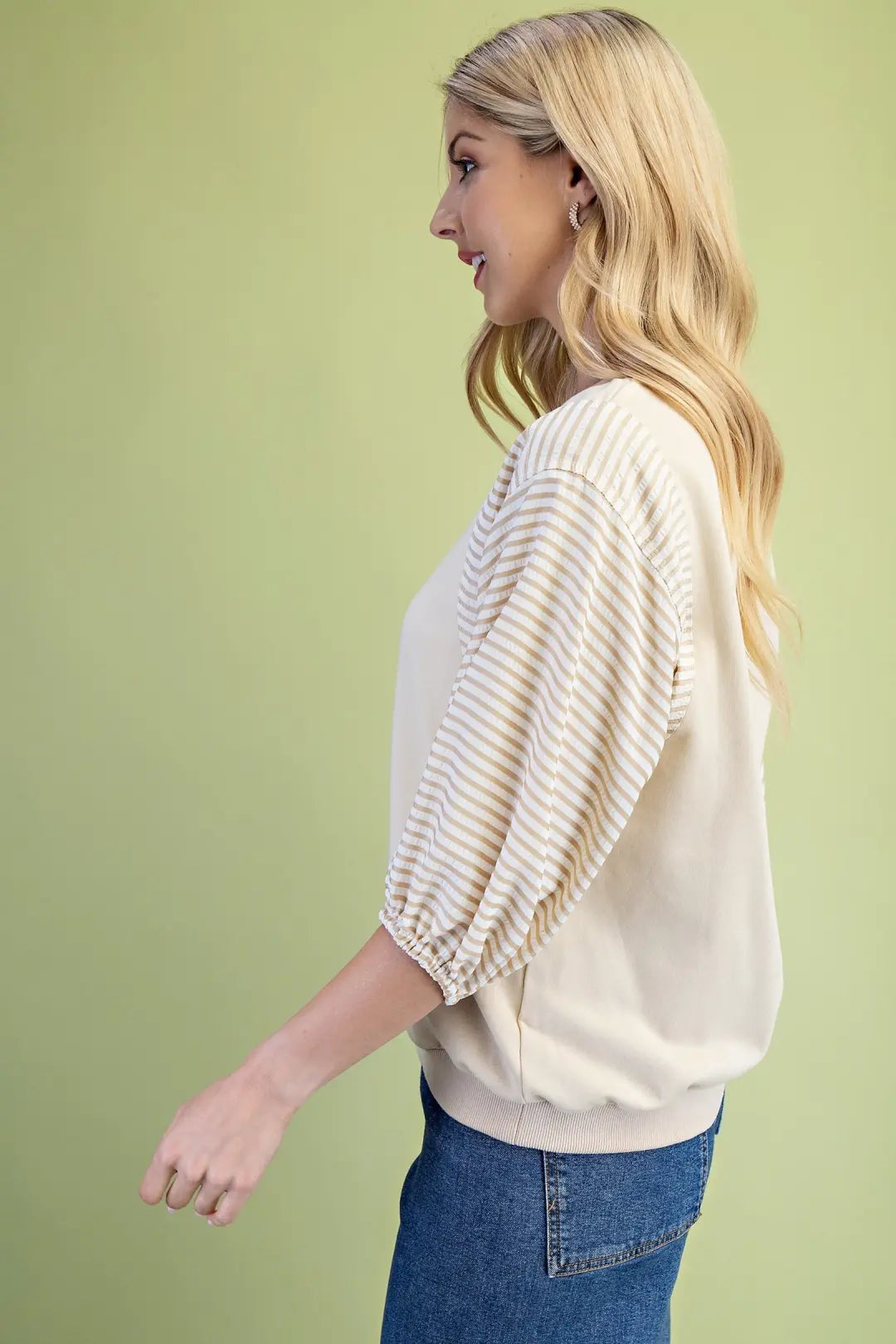 Striped Mixed Fabric Sweatshirt Top | Stone