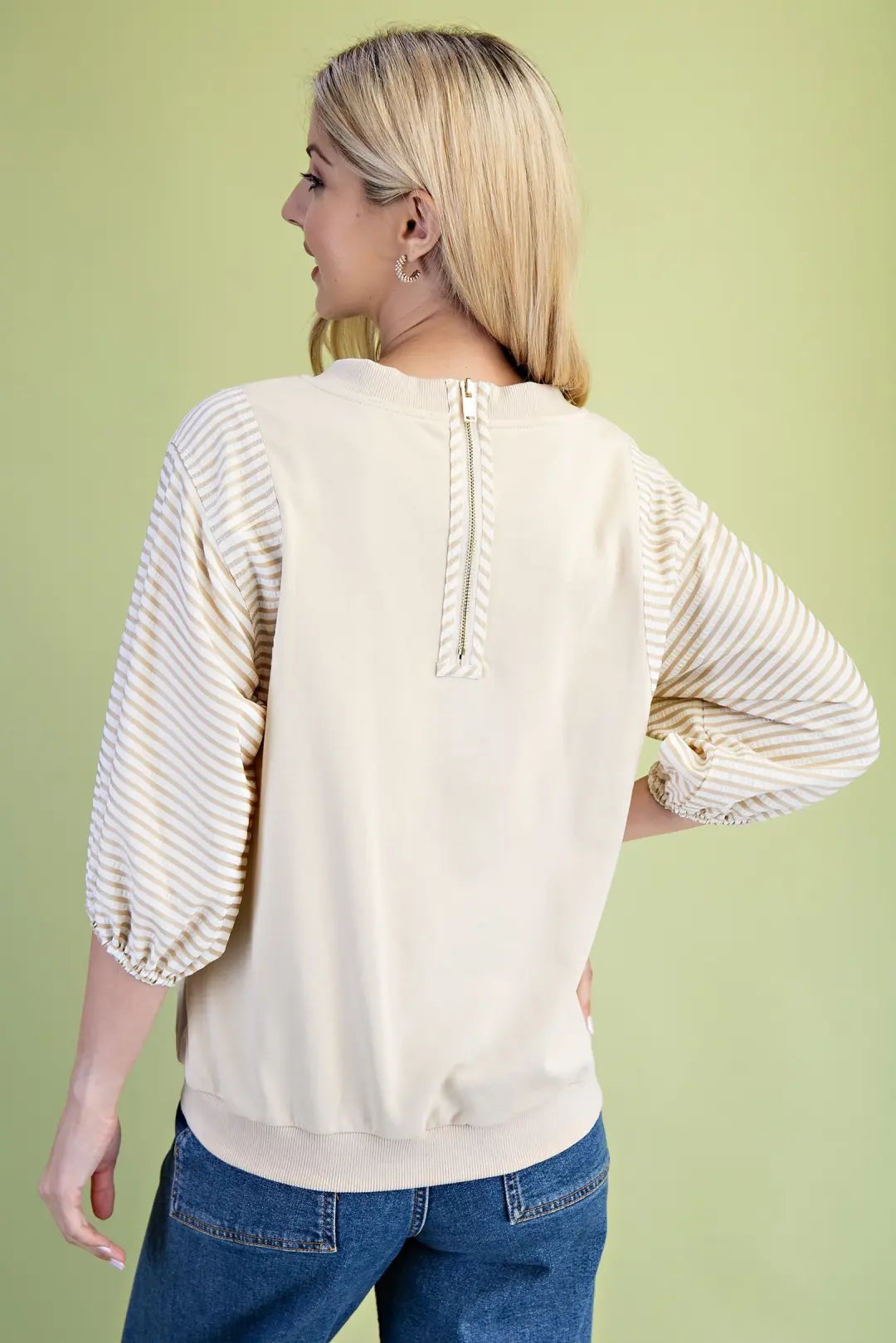 Striped Mixed Fabric Sweatshirt Top | Stone