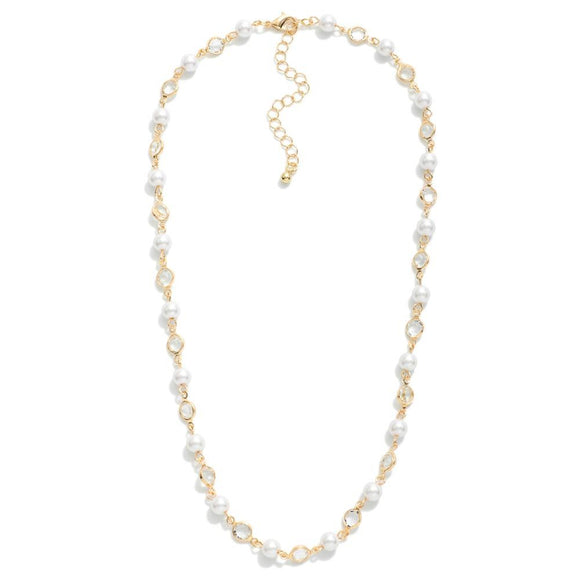 Short Pearl+Clear Crystal Necklace | Gold