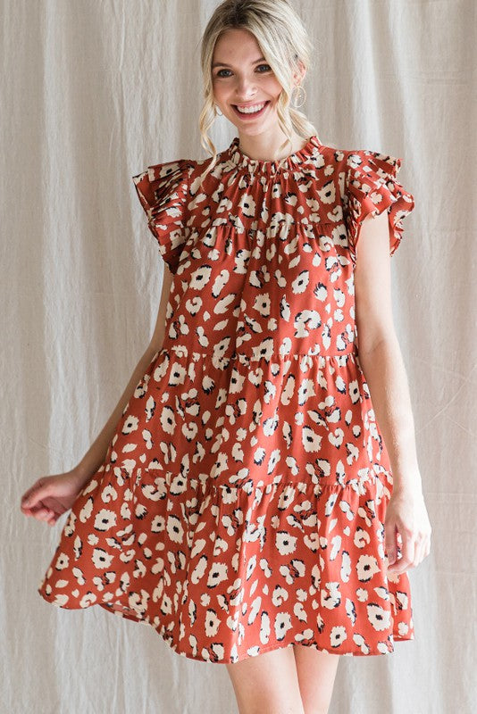 Leopard Frill Mock Neckline Dress | Clay