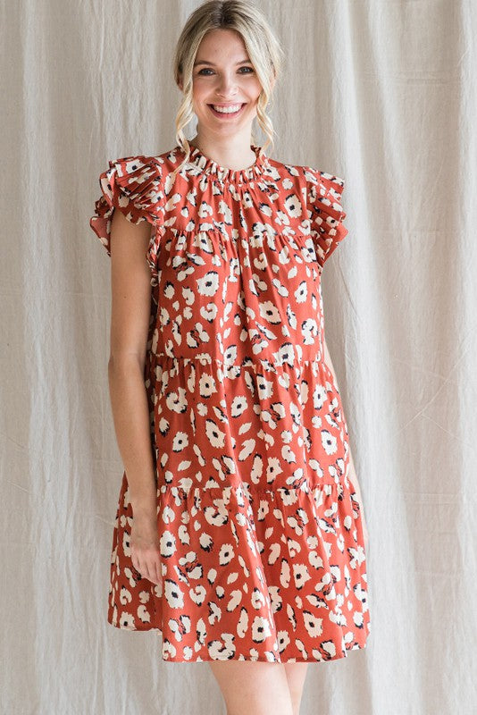 Leopard Frill Mock Neckline Dress | Clay