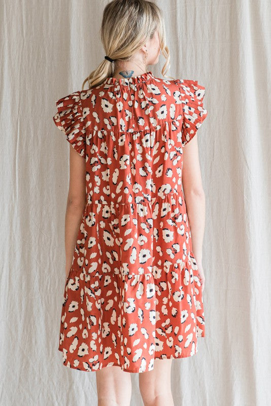 Leopard Frill Mock Neckline Dress | Clay