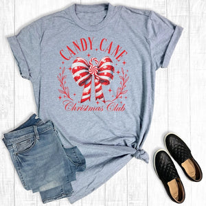 Candy Cane Christmas Club Bow Tee | Heather Grey