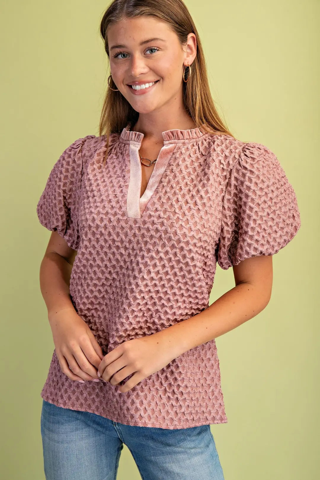 Textured Puff Sleeve Velveteen Top | Mauve