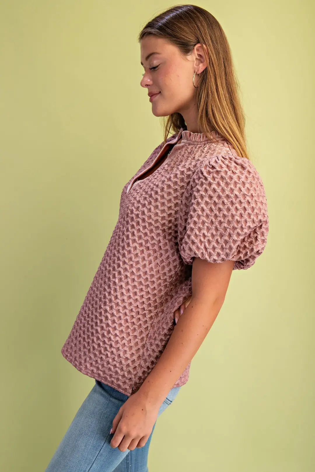 Textured Puff Sleeve Velveteen Top | Mauve