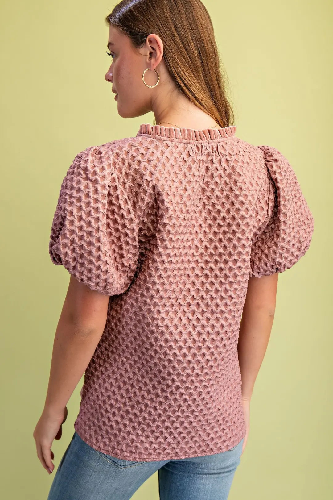 Textured Puff Sleeve Velveteen Top | Mauve