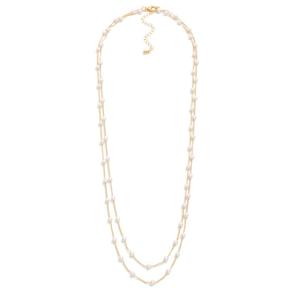 Pearl Beaded Long Layered Necklace | Gold