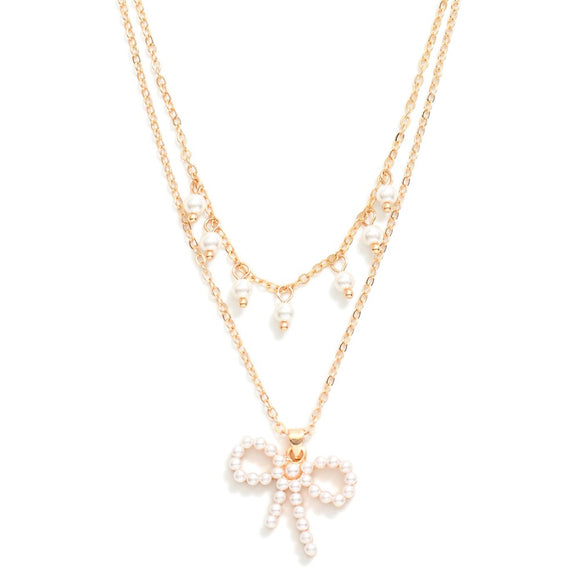 Pearl Bow Layered Necklace | Gold