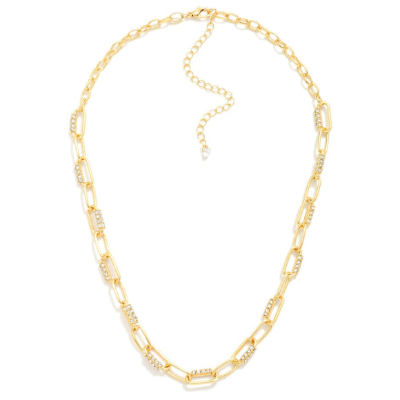 Pave Rhinestone Caribiner Chain Link Necklace | Gold