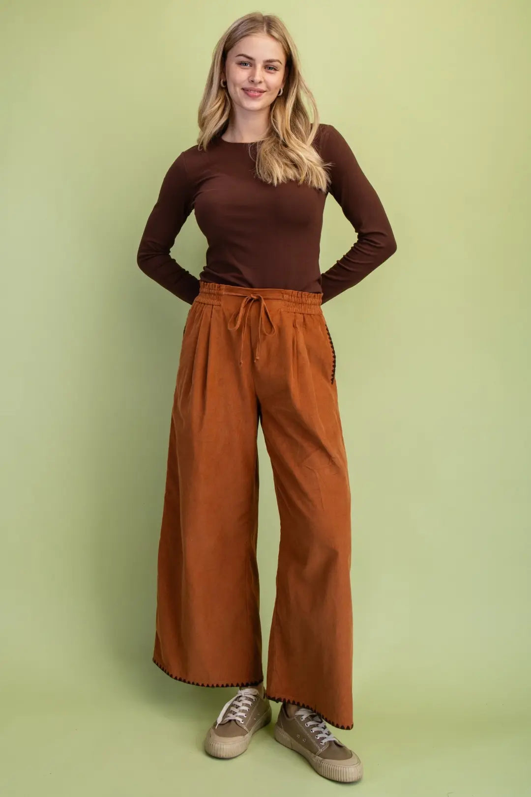 Corduroy Relaxed Fit Stitch Detail Pants | Camel