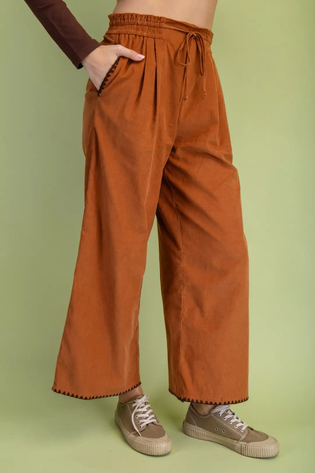 Corduroy Relaxed Fit Stitch Detail Pants | Camel
